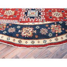 Load image into Gallery viewer, 7&#39;10&quot;x7&#39;9&quot; Crimson Red, Vegetable Dyes, Extra Soft Wool, Special Kazak with Geometric Elements, Hand Knotted, Round Oriental Rug FWR512502