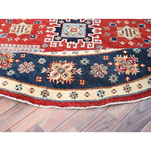 7'10"x7'9" Crimson Red, Vegetable Dyes, Extra Soft Wool, Special Kazak with Geometric Elements, Hand Knotted, Round Oriental Rug FWR512502