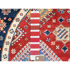 7'10"x7'9" Crimson Red, Vegetable Dyes, Extra Soft Wool, Special Kazak with Geometric Elements, Hand Knotted, Round Oriental Rug FWR512502