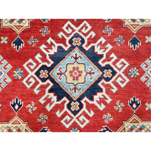 7'10"x7'9" Crimson Red, Vegetable Dyes, Extra Soft Wool, Special Kazak with Geometric Elements, Hand Knotted, Round Oriental Rug FWR512502