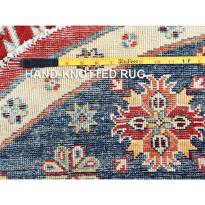 7'10"x7'9" Crimson Red, Vegetable Dyes, Extra Soft Wool, Special Kazak with Geometric Elements, Hand Knotted, Round Oriental Rug FWR512502