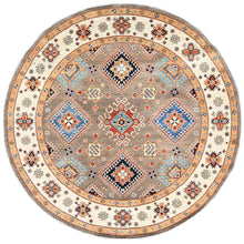 Load image into Gallery viewer, 8&#39;x8&#39; Tortilla Brown, Special Kazak with Large Elements, Natural Dyes, Hand Knotted, 100% Wool, Round Oriental Rug FWR512508