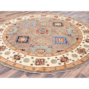 8'x8' Tortilla Brown, Special Kazak with Large Elements, Natural Dyes, Hand Knotted, 100% Wool, Round Oriental Rug FWR512508