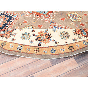 8'x8' Tortilla Brown, Special Kazak with Large Elements, Natural Dyes, Hand Knotted, 100% Wool, Round Oriental Rug FWR512508