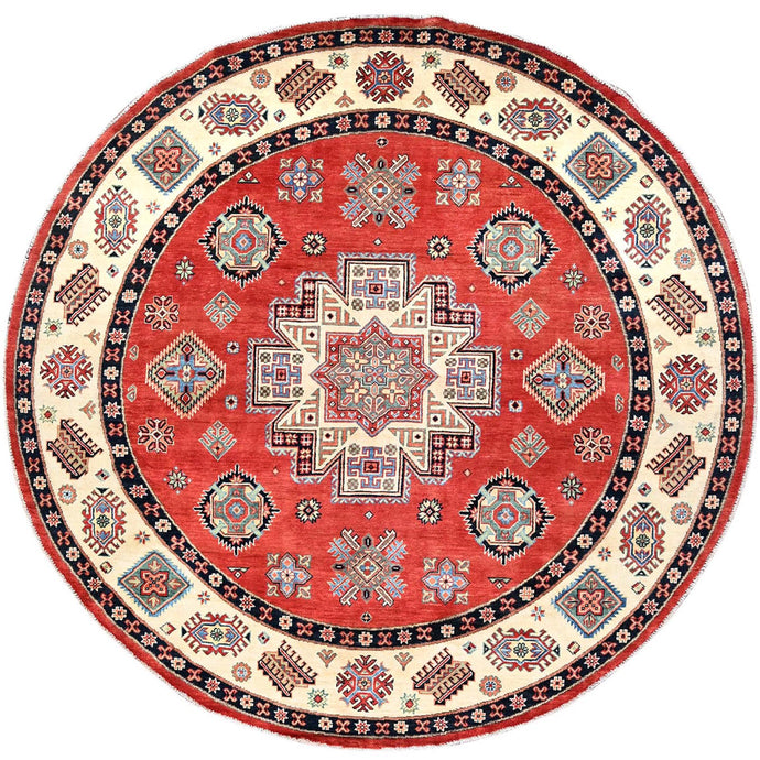 8'x8' Crimson Red, Special Kazak with Geometric Medallions, Natural Dyes, Pure Wool, Hand Knotted, Round Oriental Rug FWR512520