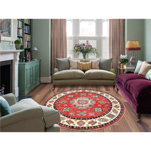 8'x8' Crimson Red, Special Kazak with Geometric Medallions, Natural Dyes, Pure Wool, Hand Knotted, Round Oriental Rug FWR512520