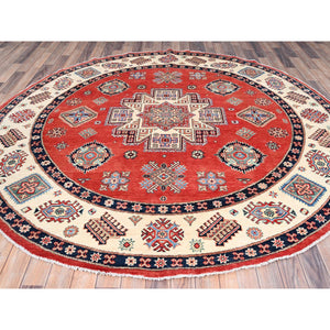 8'x8' Crimson Red, Special Kazak with Geometric Medallions, Natural Dyes, Pure Wool, Hand Knotted, Round Oriental Rug FWR512520