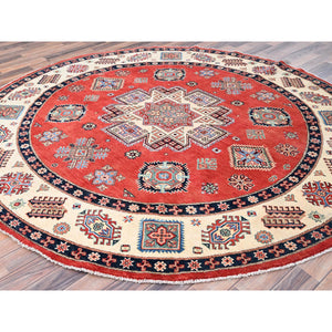 8'x8' Crimson Red, Special Kazak with Geometric Medallions, Natural Dyes, Pure Wool, Hand Knotted, Round Oriental Rug FWR512520