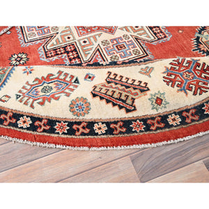 8'x8' Crimson Red, Special Kazak with Geometric Medallions, Natural Dyes, Pure Wool, Hand Knotted, Round Oriental Rug FWR512520