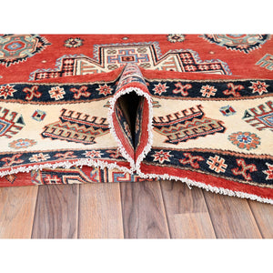 8'x8' Crimson Red, Special Kazak with Geometric Medallions, Natural Dyes, Pure Wool, Hand Knotted, Round Oriental Rug FWR512520