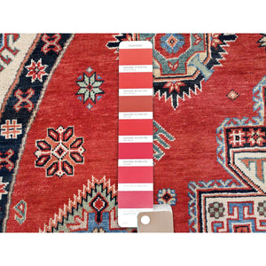 8'x8' Crimson Red, Special Kazak with Geometric Medallions, Natural Dyes, Pure Wool, Hand Knotted, Round Oriental Rug FWR512520