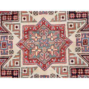 8'x8' Crimson Red, Special Kazak with Geometric Medallions, Natural Dyes, Pure Wool, Hand Knotted, Round Oriental Rug FWR512520