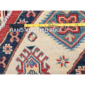 8'x8' Crimson Red, Special Kazak with Geometric Medallions, Natural Dyes, Pure Wool, Hand Knotted, Round Oriental Rug FWR512520