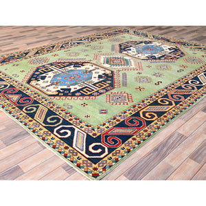 7'10"x10'1" Olive Green, Special Kazak with Geometric Elements, Natural Dyes, Extra Soft Wool, Hand Knotted, Oriental Rug FWR512532