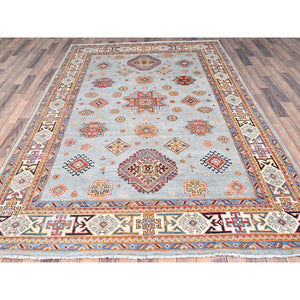 6'6"x9'8" Sky Blue, 100% Wool, Vegetable Dyes, Special Kazak with All Over Medallions, Hand Knotted, Oriental Rug FWR512538