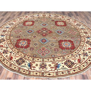 9'x9' Peanut Brown, Natural Wool, Natural Dyes, Special Kazak with Geometric Medallions, Hand Knotted, Round Oriental Rug FWR512544