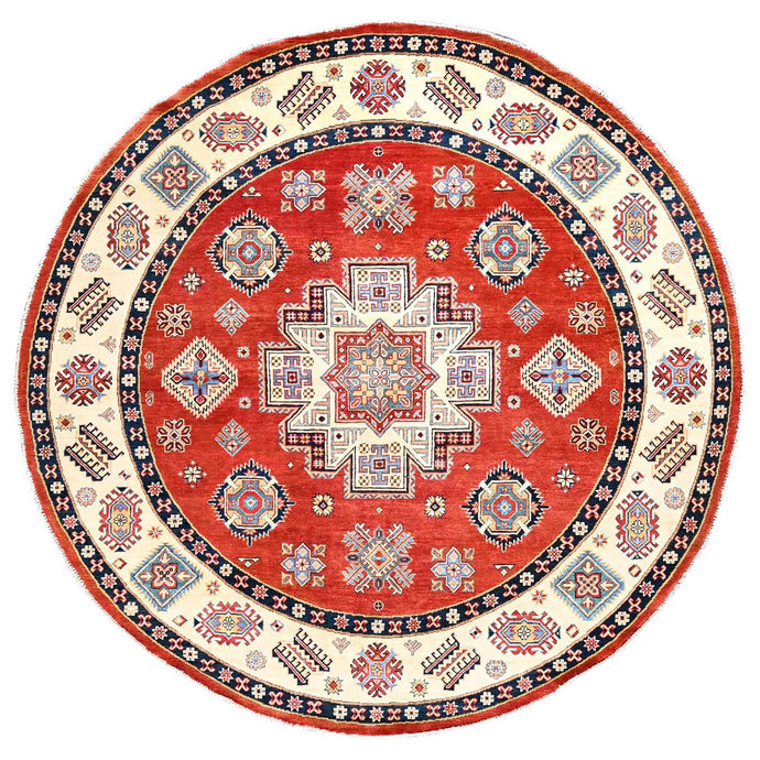 8'x8' Candy Red, Hand Knotted, Vegetable Dyes, Special Kazak with Geometric Medallions, Pure Wool, Round Oriental Rug FWR512550