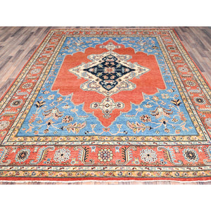 8'x9'10" Tangerine Orange, Soft Wool, Vegetable Dyes, Dense Weave, Afghan Peshawar with Serapi Heriz Design, Hand Knotted, Oriental Rug FWR512766