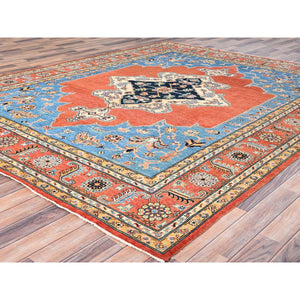 8'x9'10" Tangerine Orange, Soft Wool, Vegetable Dyes, Dense Weave, Afghan Peshawar with Serapi Heriz Design, Hand Knotted, Oriental Rug FWR512766