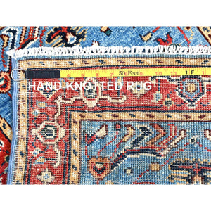 2'1"x2'10" Denim Blue, Natural Wool, Hand Knotted, Dense Weave, Afghan Peshawar with Serapi Heriz Design, Natural Dyes, Mat Oriental Rug FWR512844