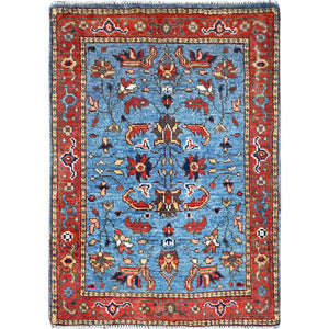 2'1"x3' Little Boy Blue, Natural Wool, Afghan Peshawar with Serapi Heriz Design, Vegetable Dyes, Dense Weave, Hand Knotted, Mat Oriental Rug FWR512874