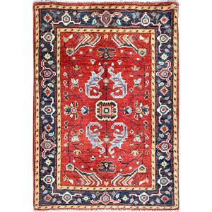 2'1"x2'10" Chili Red, Afghan Peshawar with Serapi Heriz Design, Dense Weave, Natural Dyes, Pure Wool, Hand Knotted, Mat Oriental Rug FWR512880