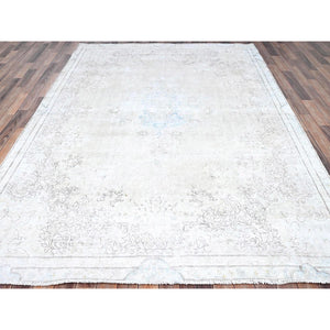 7'2"x9'10" Alabaster White, Natural Wool, Hand Knotted, Vintage Persian Kerman, Washed Out, Evenly Worn, Cleaned with Sides and Edges Professionally Secured, Oriental Rug FWR513174