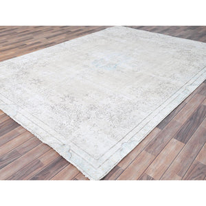 7'2"x9'10" Alabaster White, Natural Wool, Hand Knotted, Vintage Persian Kerman, Washed Out, Evenly Worn, Cleaned with Sides and Edges Professionally Secured, Oriental Rug FWR513174