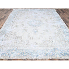 Load image into Gallery viewer, 7&#39;4&quot;x9&#39;9&quot; Alabaster White, Worn Down, Pure Wool, Hand Knotted, Vintage Persian Kerman, Erased Design, Cleaned with Sides and Edges Professionally Secured, Oriental Rug FWR513180