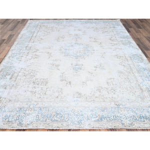 7'4"x9'9" Alabaster White, Worn Down, Pure Wool, Hand Knotted, Vintage Persian Kerman, Erased Design, Cleaned with Sides and Edges Professionally Secured, Oriental Rug FWR513180