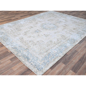 7'4"x9'9" Alabaster White, Worn Down, Pure Wool, Hand Knotted, Vintage Persian Kerman, Erased Design, Cleaned with Sides and Edges Professionally Secured, Oriental Rug FWR513180