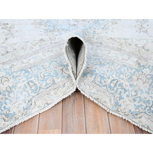 7'4"x9'9" Alabaster White, Worn Down, Pure Wool, Hand Knotted, Vintage Persian Kerman, Erased Design, Cleaned with Sides and Edges Professionally Secured, Oriental Rug FWR513180