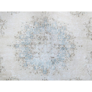 7'4"x9'9" Alabaster White, Worn Down, Pure Wool, Hand Knotted, Vintage Persian Kerman, Erased Design, Cleaned with Sides and Edges Professionally Secured, Oriental Rug FWR513180