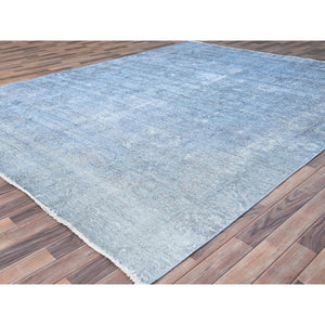 9'x11'8" Baby Blue, Hand Knotted, Overdyed Vintage Persian Tabriz, Worn Down, Rustic Look, Natural Wool, Oriental Rug FWR513234