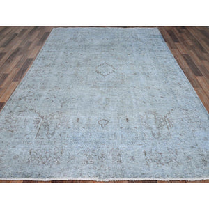 6'4"x9'8" Light Turquoise, Overdyed Vintage Persian Tabriz, Shaved Down, Distressed Feel, Natural Wool, Hand Knotted, Oriental Rug FWR513264