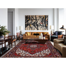 Load image into Gallery viewer, 8&#39;5&quot;x10&#39;9&quot; Tomato Red, Pure Wool, Hand Knotted, Semi Antique Persian Heriz, Good Condition, Distressed Feel, Evenly Worn, Oriental Rug FWR513432