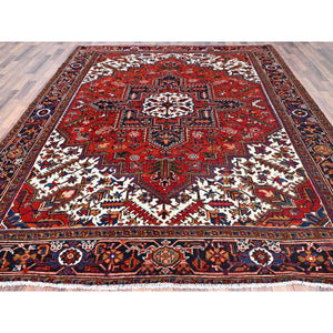 8'5"x10'9" Tomato Red, Pure Wool, Hand Knotted, Semi Antique Persian Heriz, Good Condition, Distressed Feel, Evenly Worn, Oriental Rug FWR513432