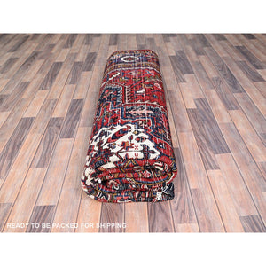 8'5"x10'9" Tomato Red, Pure Wool, Hand Knotted, Semi Antique Persian Heriz, Good Condition, Distressed Feel, Evenly Worn, Oriental Rug FWR513432