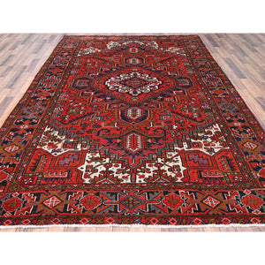 7'9"x11' Raspberry Red, Worn Wool, Hand Knotted, Semi Antique Persian Heriz with Geometric Pattern, Good Condition, Rustic Feel, Oriental Rug FWR513462