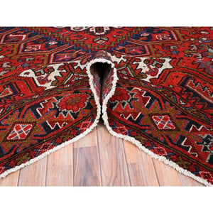 7'9"x11' Raspberry Red, Worn Wool, Hand Knotted, Semi Antique Persian Heriz with Geometric Pattern, Good Condition, Rustic Feel, Oriental Rug FWR513462