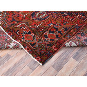 7'9"x11' Raspberry Red, Worn Wool, Hand Knotted, Semi Antique Persian Heriz with Geometric Pattern, Good Condition, Rustic Feel, Oriental Rug FWR513462