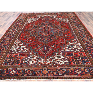 8'1"x11'1" Imperial Red, Semi Antique Persian Heriz with Village Motif, Good Condition, Rustic Feel, Worn Wool, Hand Knotted, Oriental Rug FWR513486