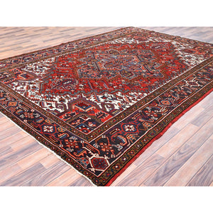 8'1"x11'1" Imperial Red, Semi Antique Persian Heriz with Village Motif, Good Condition, Rustic Feel, Worn Wool, Hand Knotted, Oriental Rug FWR513486