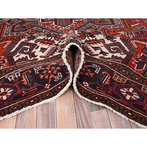 8'1"x11'1" Imperial Red, Semi Antique Persian Heriz with Village Motif, Good Condition, Rustic Feel, Worn Wool, Hand Knotted, Oriental Rug FWR513486