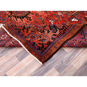 9'8"x13' Imperial Red, Pure Wool, Hand Knotted, Semi Antique Persian Heriz, Good Condition, Distressed Feel, Evenly Worn, Oriental Rug FWR513504