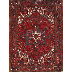 8'4"x10'10" Crimson Red, Good Condition, Distressed Feel, Evenly Worn, Pure Wool, Hand Knotted, Vintage Persian Heriz with Geometric Pattern, Oriental Rug FWR513528