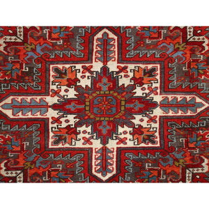 8'4"x10'10" Crimson Red, Good Condition, Distressed Feel, Evenly Worn, Pure Wool, Hand Knotted, Vintage Persian Heriz with Geometric Pattern, Oriental Rug FWR513528