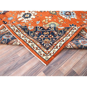 9'x11'9" Tiger Orange, Natural Wool, Vegetable Dyes, Dense Weave, Afghan Peshawar with Serapi Heriz Design, Hand Knotted, Oriental Rug FWR513654