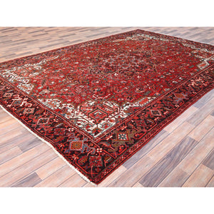 7'7"x11' Chili Red, Rustic Look, Worn Wool, Hand Knotted, Semi Antique Persian Heriz with Tribal Ambience, Good Condition, Oriental Rug FWR513954