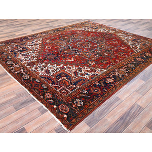 7'5"x8'10" Chili Red, Good Condition, Rustic Feel, Worn Wool, Hand Knotted, Vintage Persian Heriz, Village Motif, Oriental Rug FWR514086